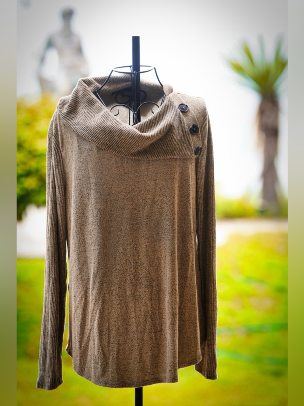 Fortune + Ivy Taupe Cowl Neck Button Detail Sweater - Size Large